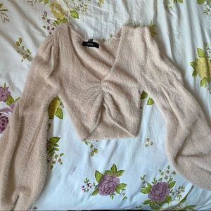 Furry balloon sleeve crop sweater